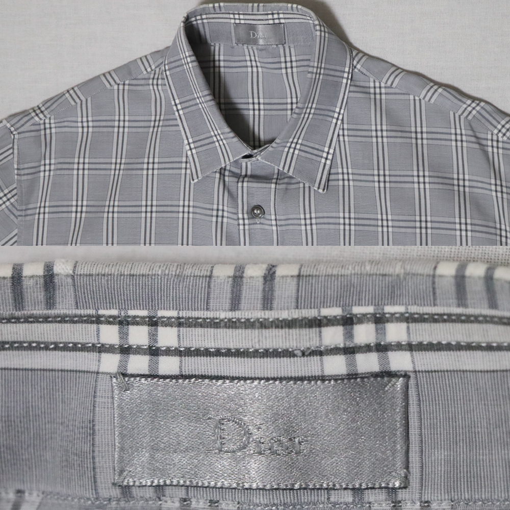 訳ありUSED品 イタリア製 Dior HOMME ディオール オム レギュラーカラードレスシャツ 灰×白 40 _画像9