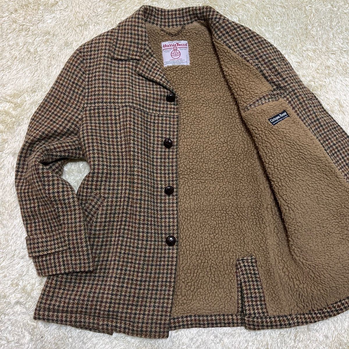 圧巻ハリスツイード&くるみボタン◎ Harris tweed オクトパスアーミー OCTOPUS ARMY チェック柄 千鳥孔子柄 ボア ジャケット ランチコート_画像1