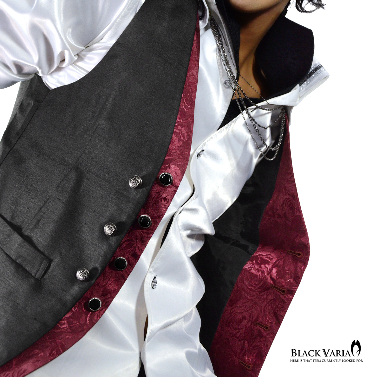 V#927778-bka BLACK VARIA ジレ ベスト ローズ薔薇 フェイクレイヤード メンズ 日本製(ブラック黒×ワインレッド赤バラ柄) M ステージ衣装