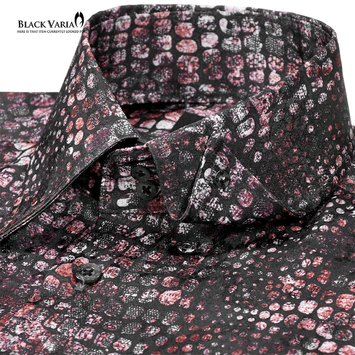 211200-win BlackVaria ドゥエボットーニ 蛇柄 サテンドレスシャツ 衿先スナップボタン パイソンジャガード メンズ(レッド赤ワイン) XL_画像2