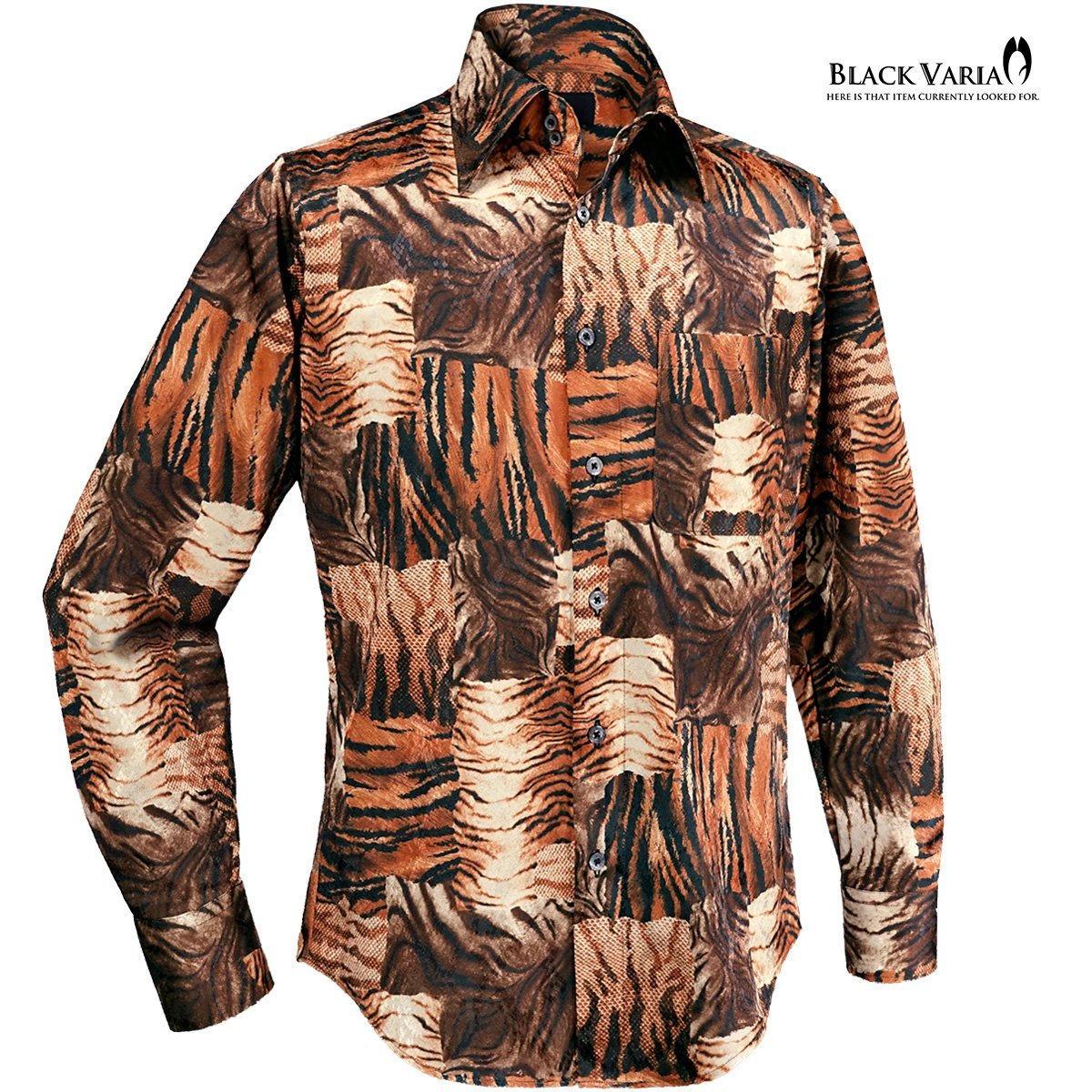 a211201-br BlackVaria ドゥエボットーニ タイガー 虎柄 ドレスシャツ レギュラーカラー サテンジャガード メンズ(ブラウン茶) L 日本製_画像3
