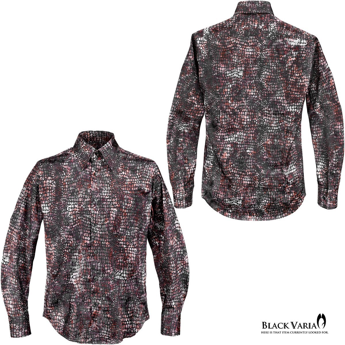 211200-win BlackVaria ドゥエボットーニ 蛇柄 サテンドレスシャツ 衿先スナップボタン パイソンジャガード メンズ(レッド赤ワイン) XL_画像3