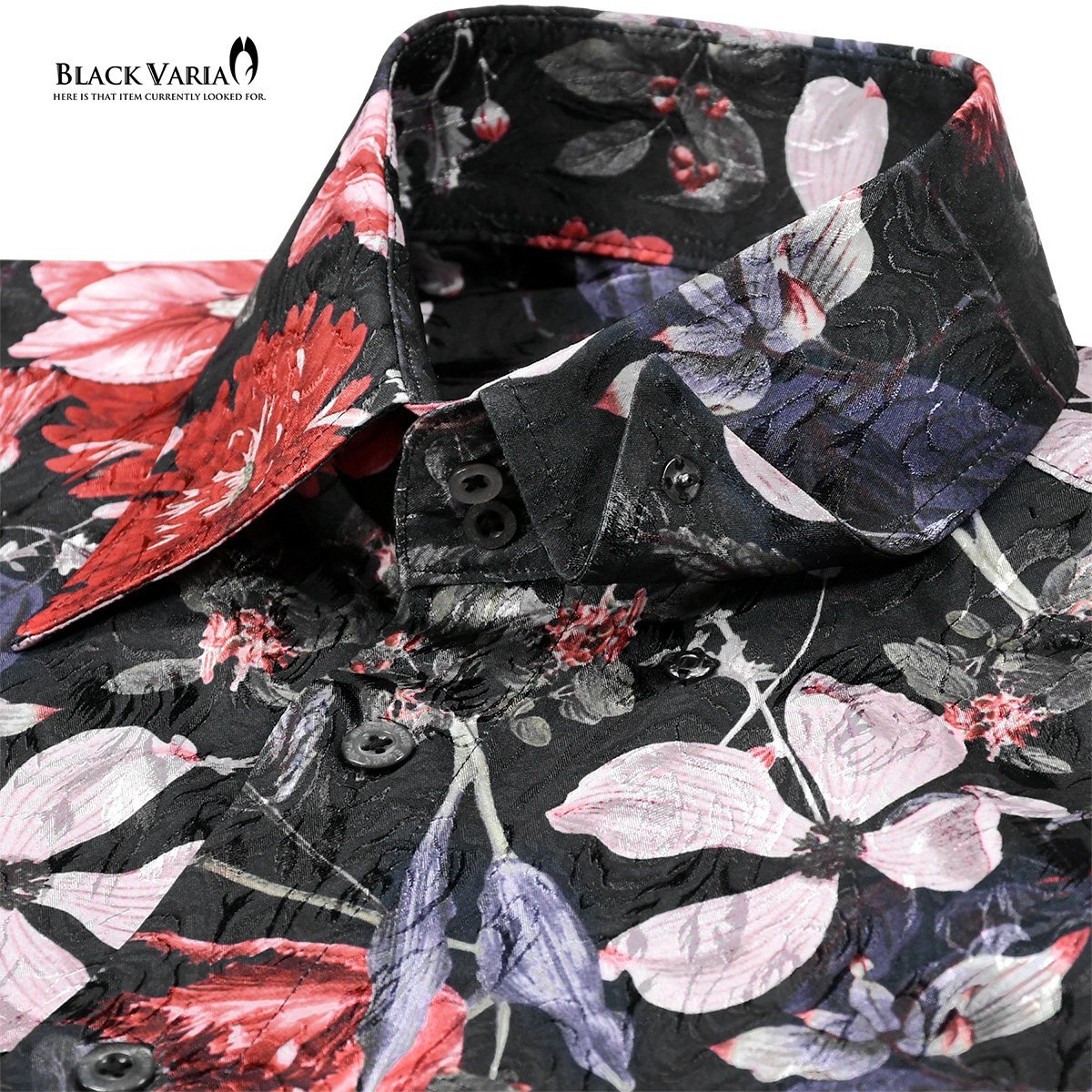 221250-bk BlackVaria ドゥエボットーニ 花柄 葉柄 ドレスシャツ 衿先スナップボタン 薔薇ジャガード メンズ(ブラック黒レッド赤ピンク) L_画像2