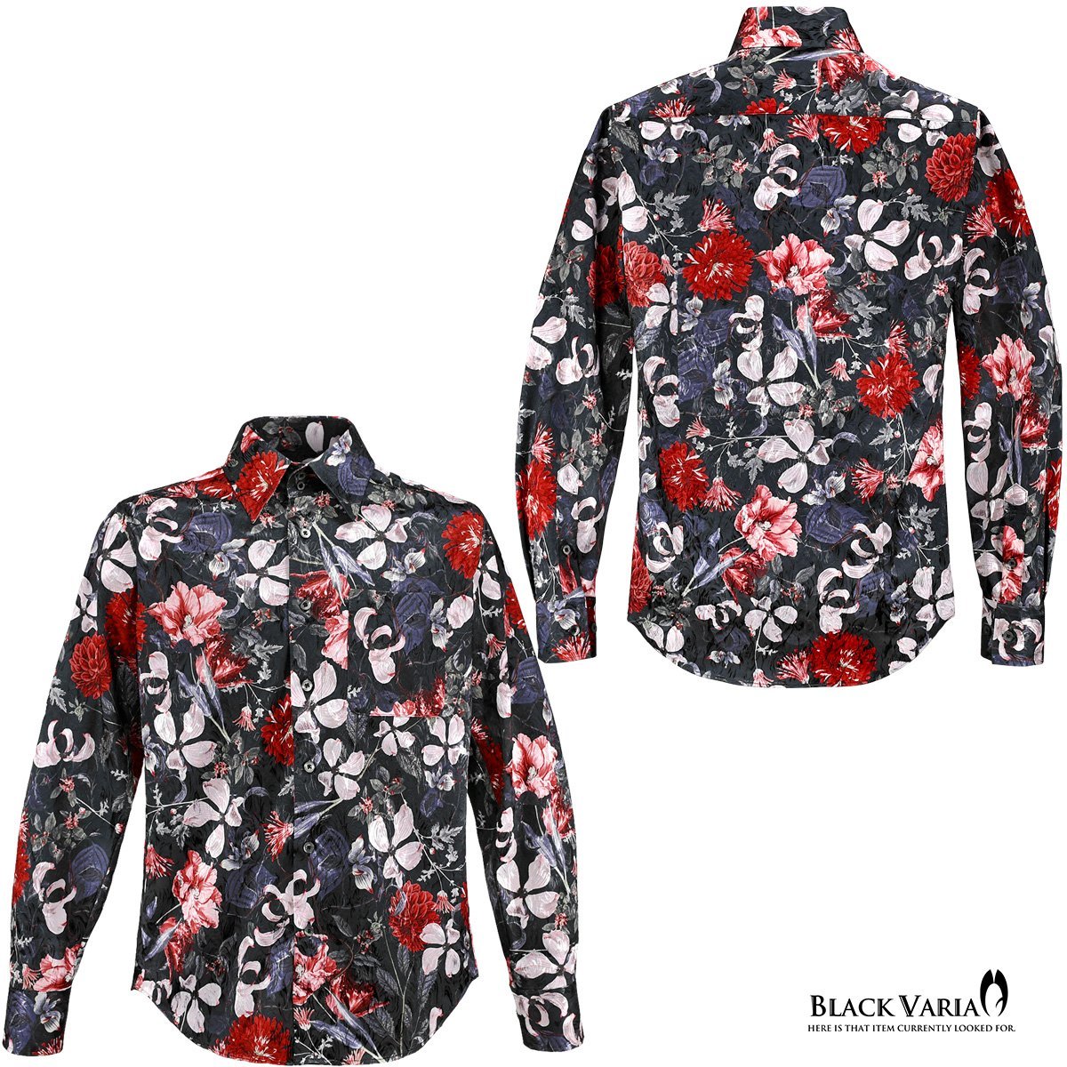 a221250-bk BLACK VARIA ドゥエボットーニ 花柄 レギュラーカラー 薔薇ジャガード サテンドレスシャツ メンズ(ブラック黒レッド赤ピンク) X_画像3