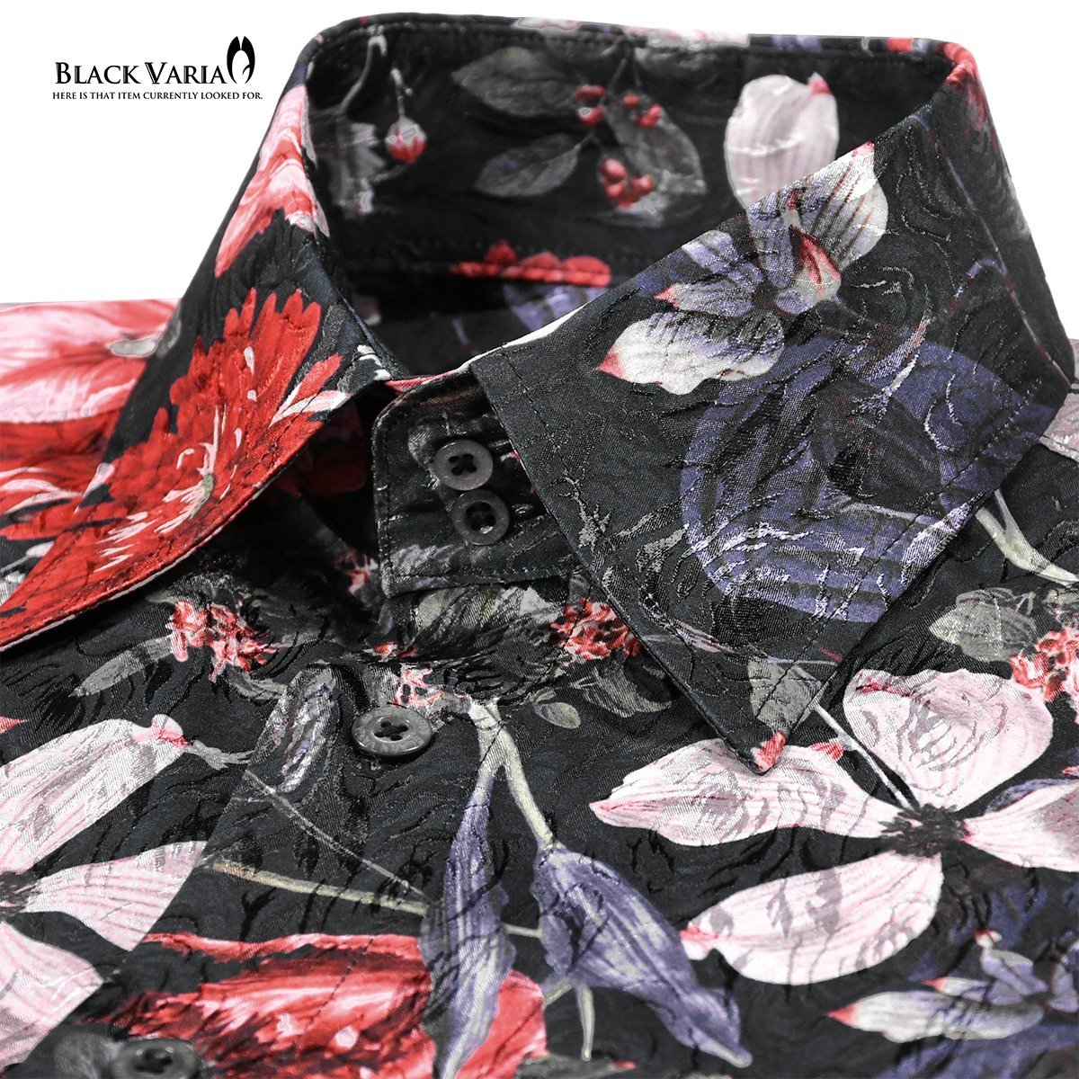 a221250-bk BLACK VARIA ドゥエボットーニ 花柄 レギュラーカラー 薔薇ジャガード サテンドレスシャツ メンズ(ブラック黒レッド赤ピンク) X_画像2
