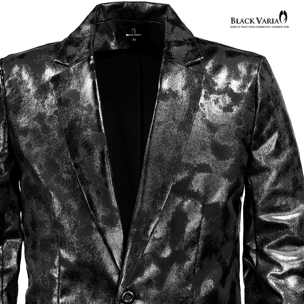 222850-bkmt BlackVaria ジャケット テーラード 箔プリント 光沢 1釦 テーラードジャケット メンズ(ムラ柄ブラック黒) XL カットジャケット_画像2