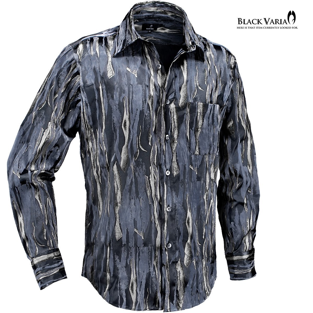 231903-bksi BLACK VARIA サテンシャツ フロッキープリント ラメプリント ドレスシャツ レギュラーカラー メンズ(ブラック黒シルバー銀) XL