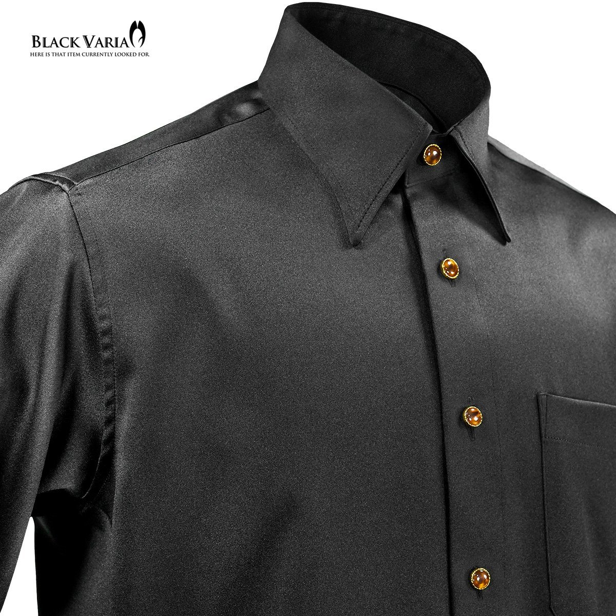 21170-6bk サテンシャツ ラインストーンボタンドレスシャツ パウダーサテン レギュラーカラー パーティー メンズ (ブラック黒・ボタンE) M_画像7
