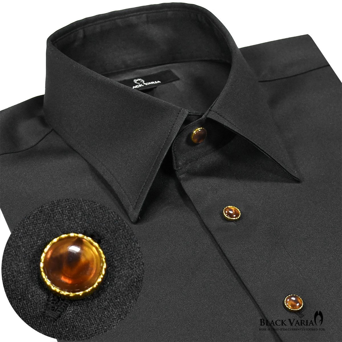 21170-6bk サテンシャツ ラインストーンボタンドレスシャツ パウダーサテン レギュラーカラー パーティー メンズ (ブラック黒・ボタンE) M_画像1