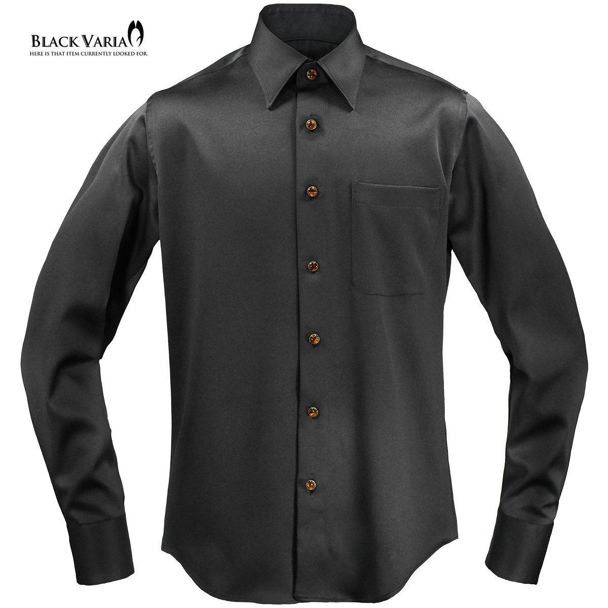 21170-6bk サテンシャツ ラインストーンボタンドレスシャツ パウダーサテン レギュラーカラー パーティー メンズ (ブラック黒・ボタンE) M_画像2
