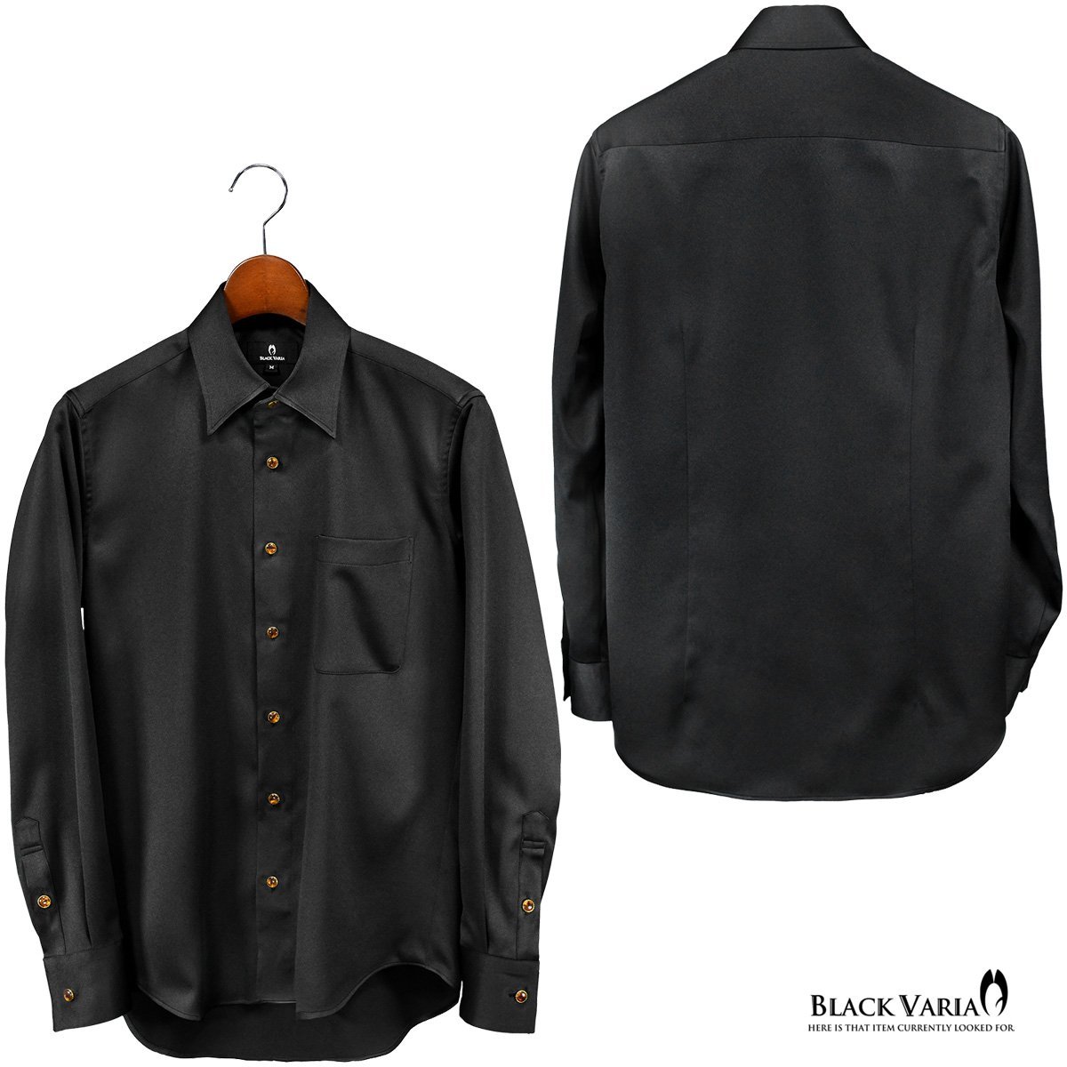 21170-6bk サテンシャツ ラインストーンボタンドレスシャツ パウダーサテン レギュラーカラー パーティー メンズ (ブラック黒・ボタンE) M_画像6