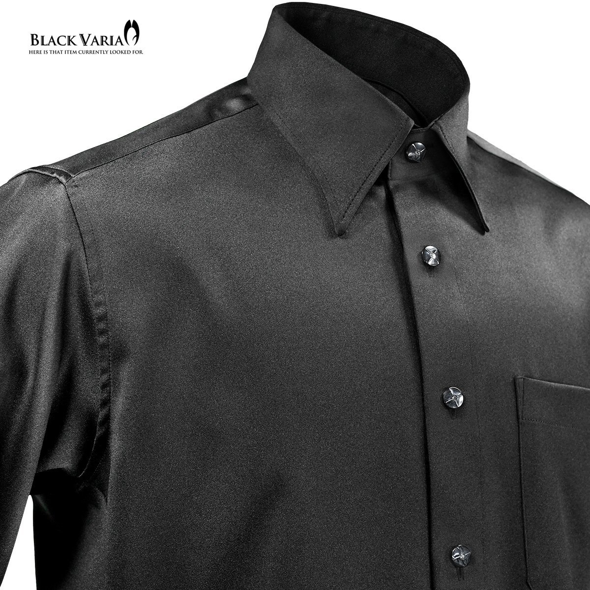 21170-3bk サテンシャツ ラインストーンボタンドレスシャツ パウダーサテン レギュラーカラー パーティー メンズ (ブラック黒・ボタンB) M_画像7