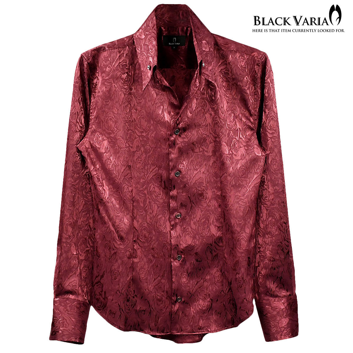 191254-winS BLACK VARIA ジャガード薔薇花柄 スキッパー スワロフスキーBD ドレスシャツ スリム メンズ(ブラックダイヤ釦・ワイン赤) XL_画像4