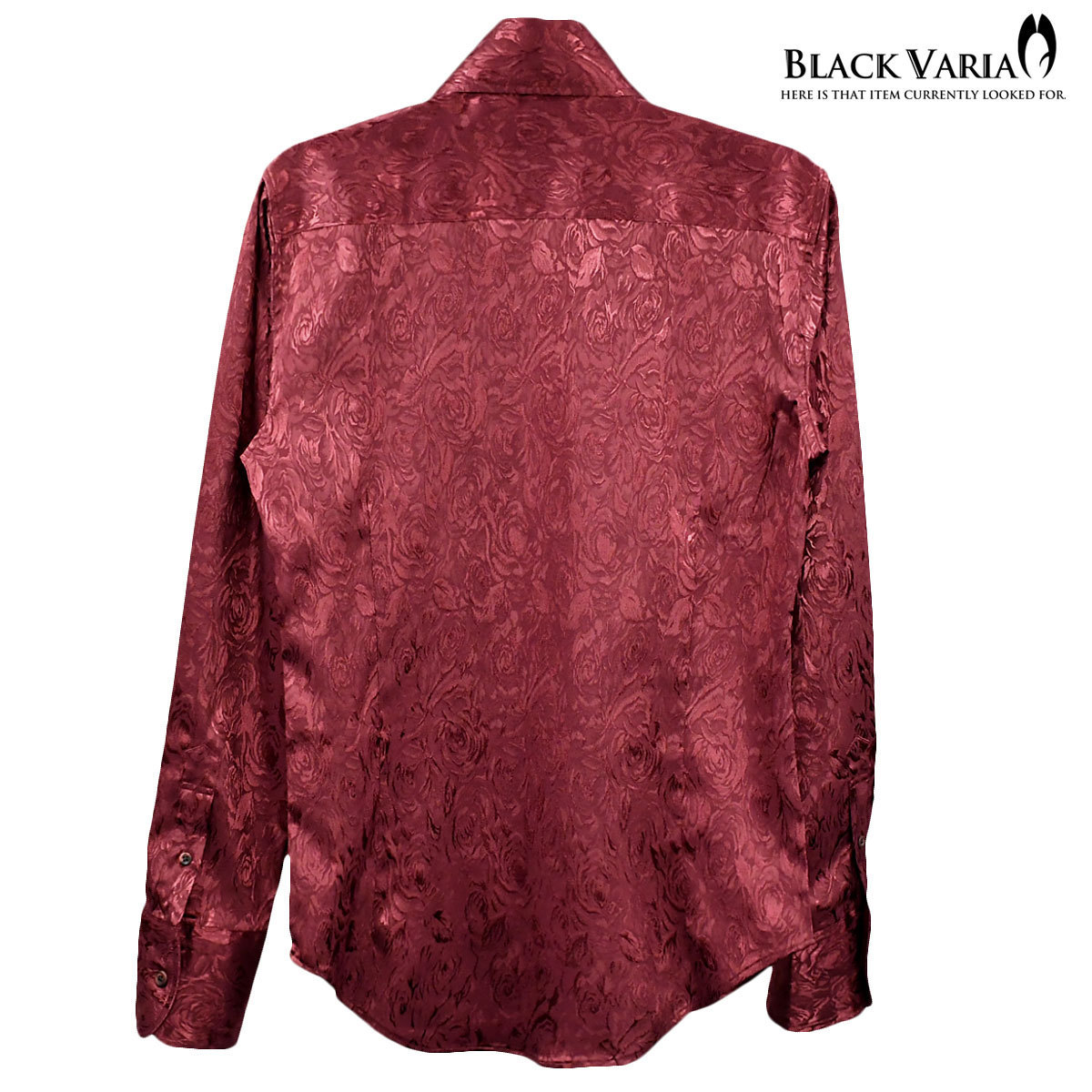 191254-winS BLACK VARIA ジャガード薔薇花柄 スキッパー スワロフスキーBD ドレスシャツ スリム メンズ(ブラックダイヤ釦・ワイン赤) L_画像5
