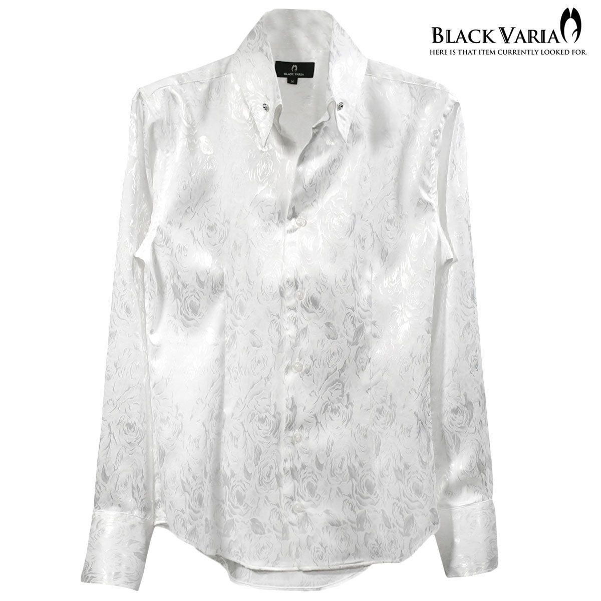 191254-wh BLACK VARIA 薔薇 花柄 スキッパー ジャガード ボタンダウン ドレスシャツ スリム 無地 メンズ(ホワイト白) XL パーティー 総_画像4