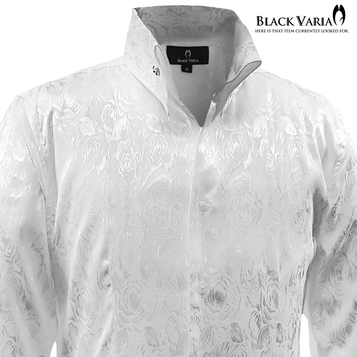 191254-wh BLACK VARIA 薔薇 花柄 スキッパー ジャガード ボタンダウン ドレスシャツ スリム 無地 メンズ(ホワイト白) M パーティー 総柄_画像8