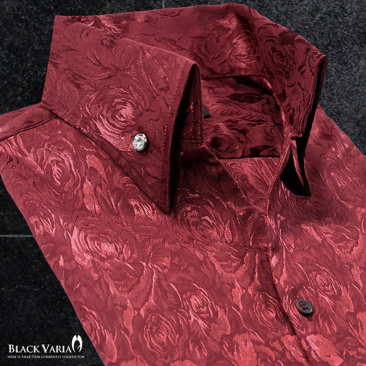 191254-win BLACK VARIA 薔薇 花柄 スキッパー ジャガード ボタンダウン ドレスシャツ スリム 無地 メンズ(ワインレッド赤) XL 舞台 衣装_画像1