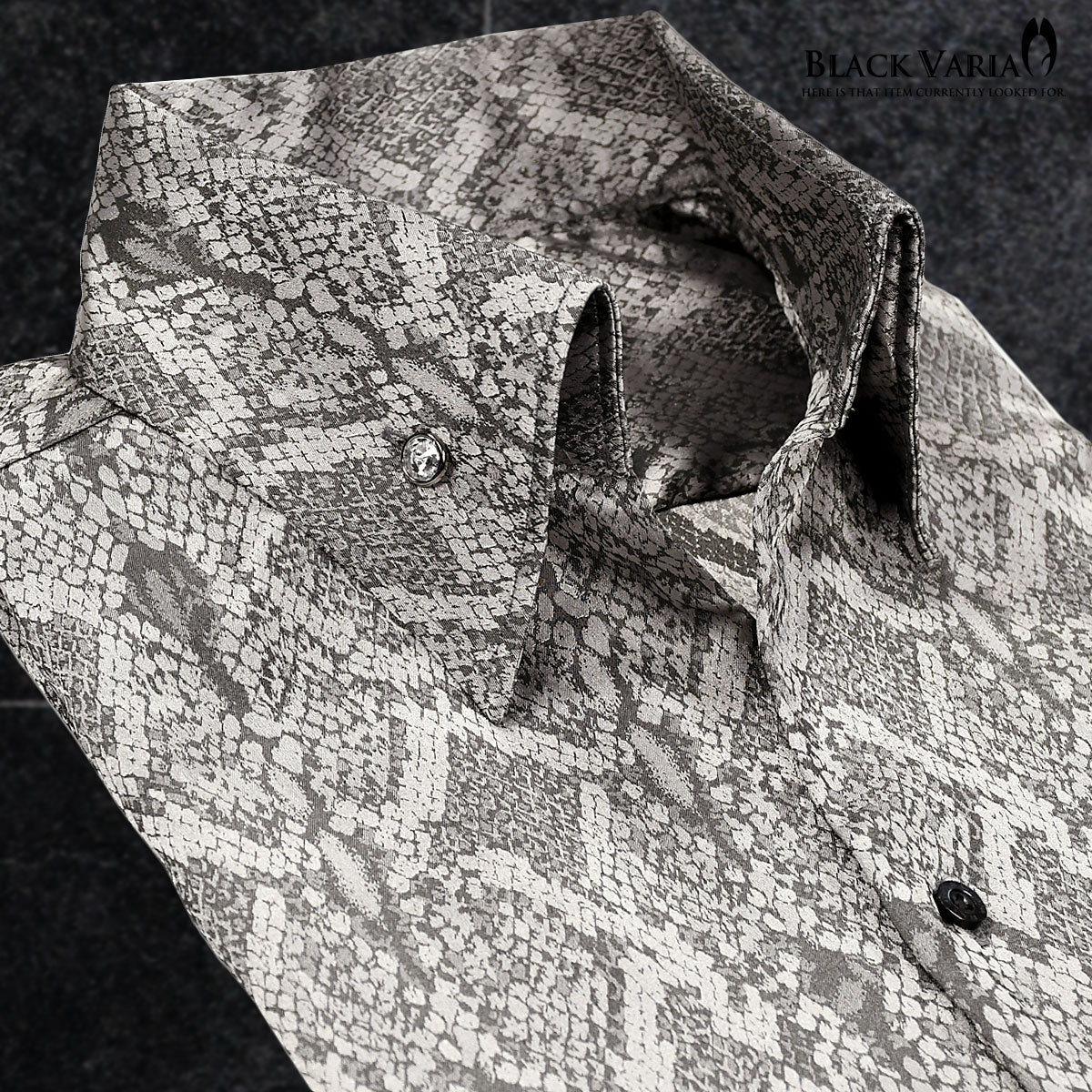 191250-gy BLACK VARIA パイソン スネーク 蛇柄 ヘビ ジャガード スキッパー ドレスシャツ メンズ(シルバー銀グレー灰) L きれいめ_画像1