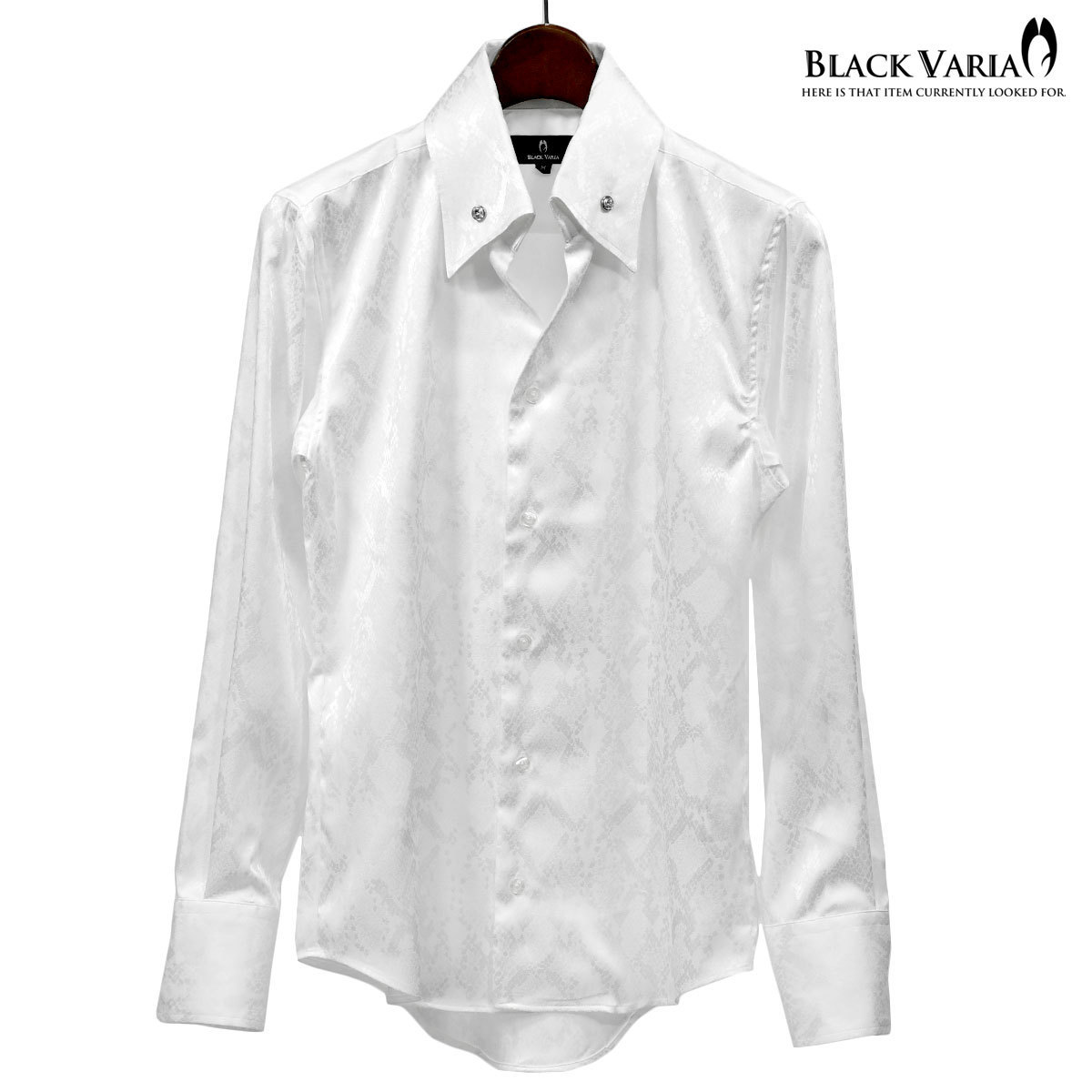 191250-wh BLACK VARIA パイソン蛇柄 ジャガード イタリアンカラー ボタンダウン 長袖ドレスシャツ メンズ(ホワイト白) XL ステージ衣装の画像4