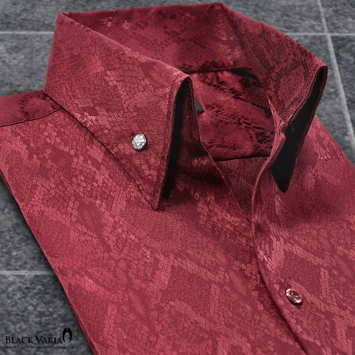 191250-win BLACK VARIA パイソン蛇柄 ジャガード イタリアンカラー ボタンダウン 長袖ドレスシャツ メンズ(ワインレッド赤) XL 発表会_画像1