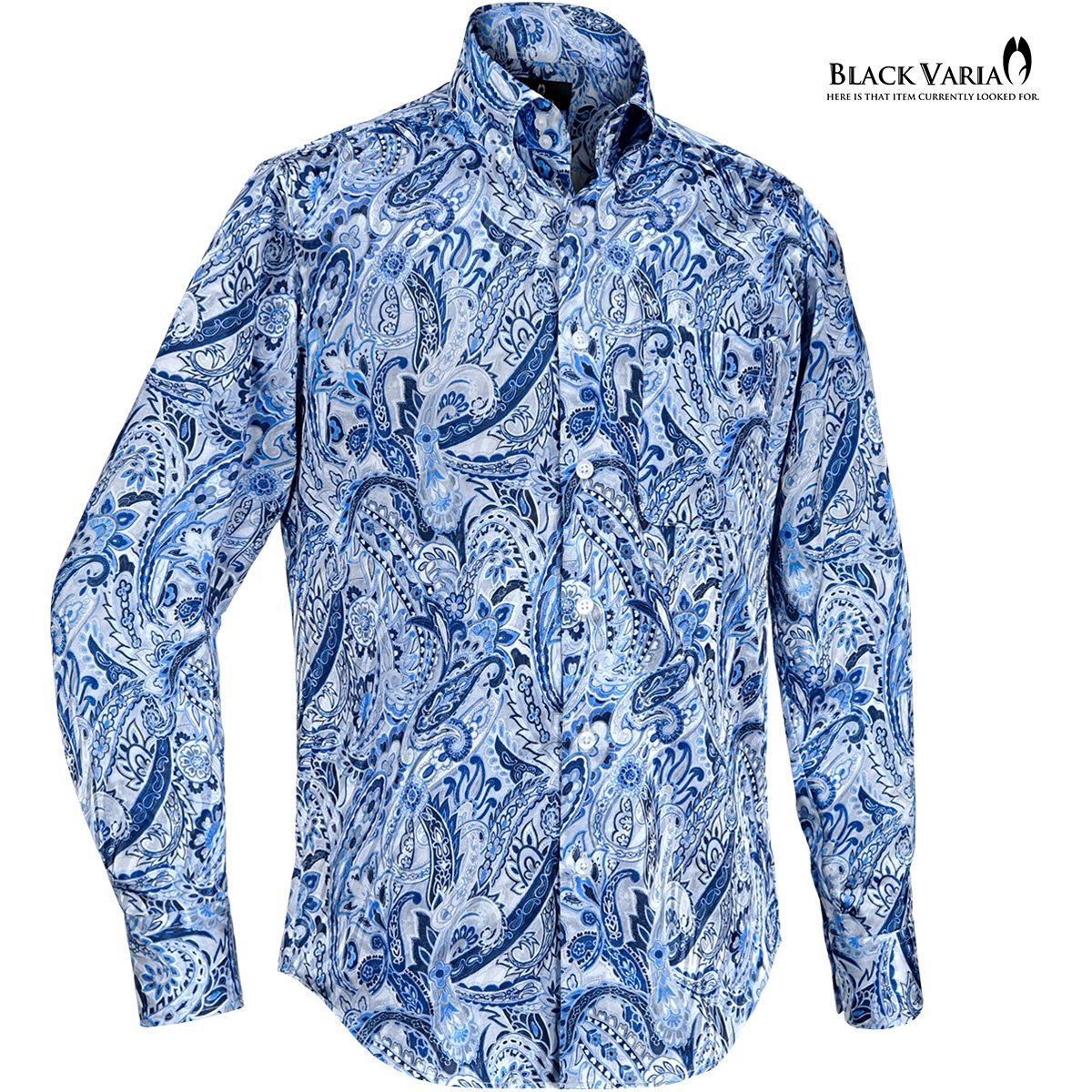 231902-bl BlackVaria サテンシャツ ドゥエボットーニ ペイズリー柄 ドレスシャツ 長袖スナップダウン ジャガード メンズ(ブルー青) XL_画像2