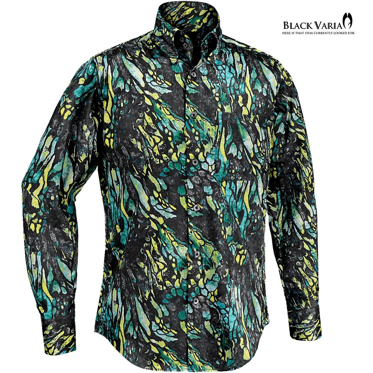 231901-gr BlackVaria サテンシャツ ドゥエボットーニ ステンドグラス ドレスシャツ 長袖スナップダウン ジャガード メンズ(グリーン緑) L_画像2