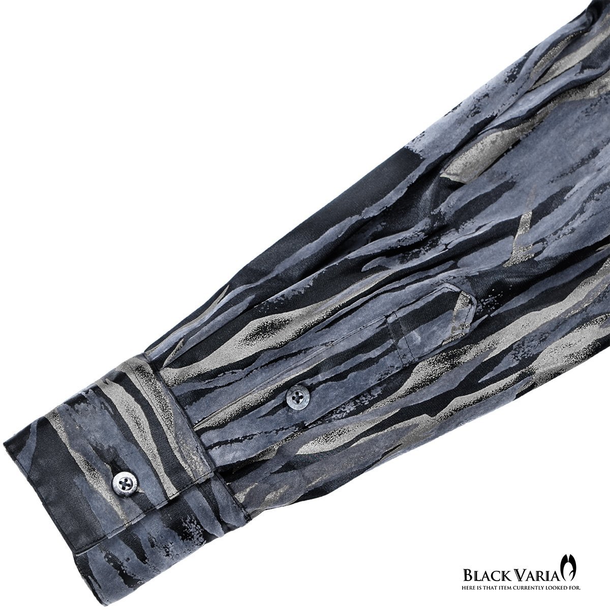 231903-bksi BLACK VARIA サテンシャツ フロッキープリント ラメプリント ドレスシャツ レギュラーカラー メンズ(ブラック黒シルバー銀) XL_画像7