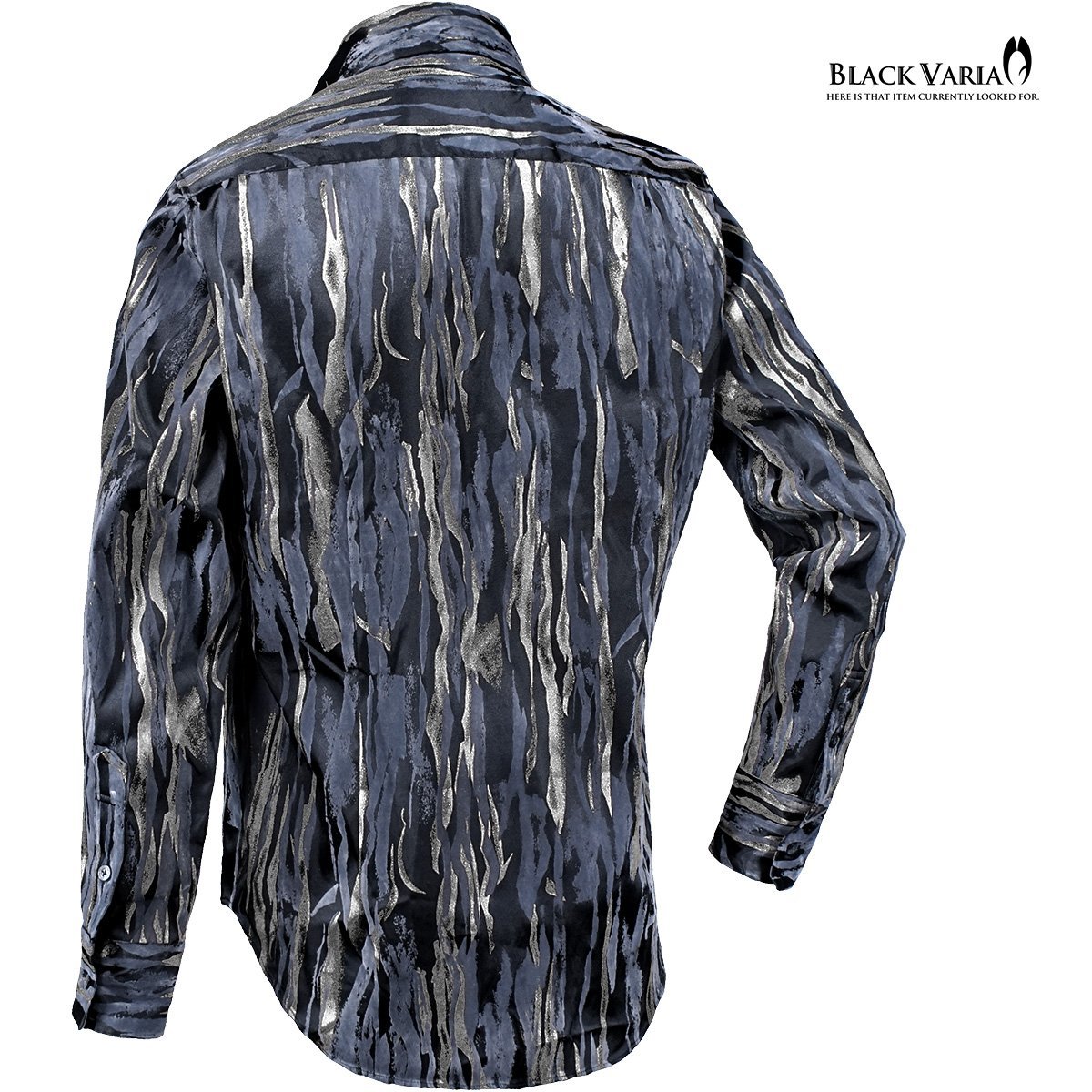 231903-bksi BLACK VARIA サテンシャツ フロッキープリント ラメプリント ドレスシャツ レギュラーカラー メンズ(ブラック黒シルバー銀) XL_画像2