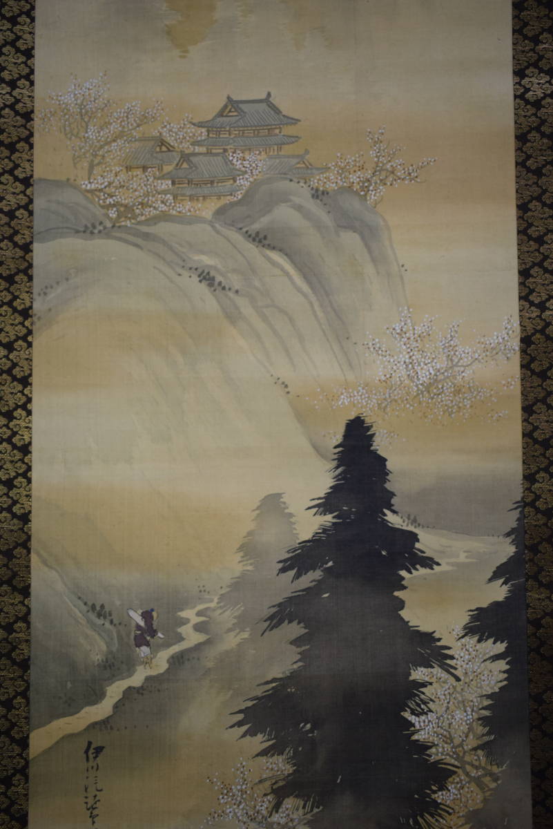 真作/狩野伊川院/人物山水図/三幅/金襴表装/布袋屋掛軸HG-24 真作】/狩野伊川院/人物山水図/三幅/金襴表装/布袋屋掛軸HG-24