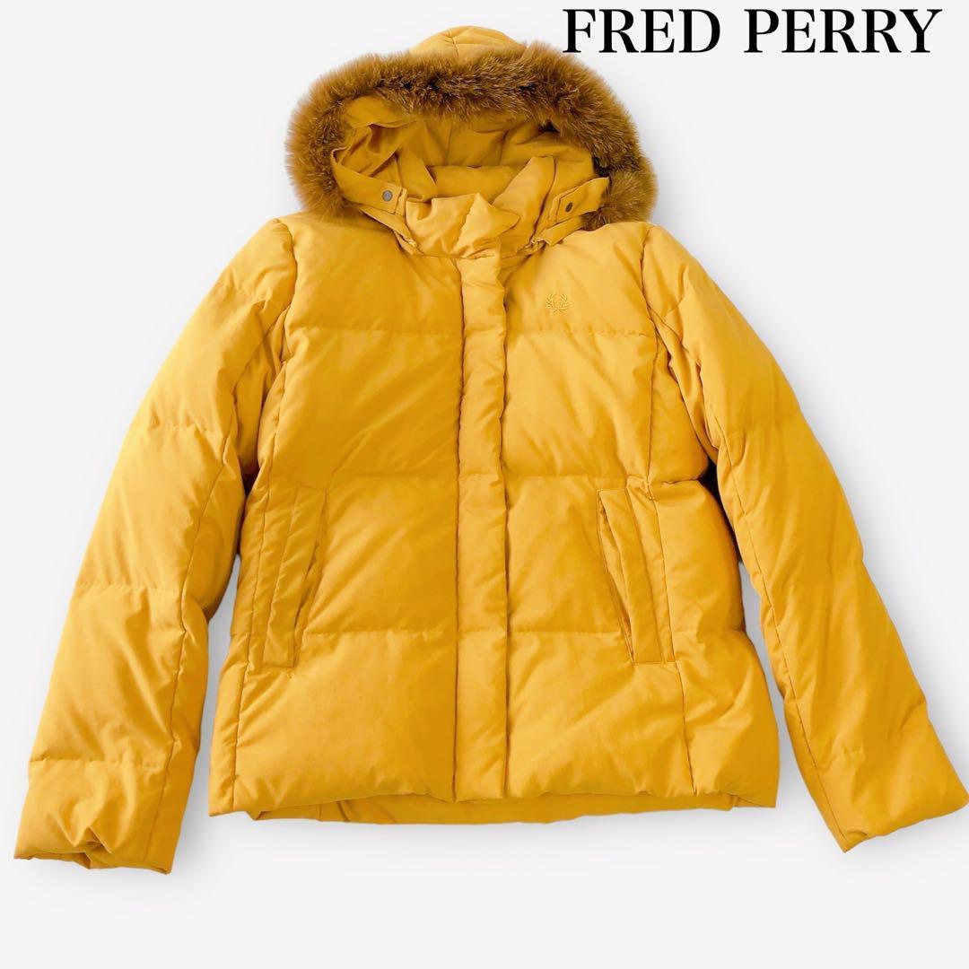 フレッドペリー FRED PERRY フォックスファー　フード付き　ダウンジャケット　レディース　黄色　ローレル(月桂樹　ジャケット_画像1