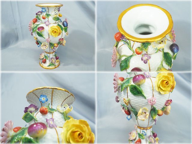マイセン アンティーク貼花花瓶 「花と果実」 1820～1924年頃？ ボタン剣 箱付 MEISSEN 西洋美術 花器 飾瓶 【長野発】_その他の画像は商品説明に掲載しています。