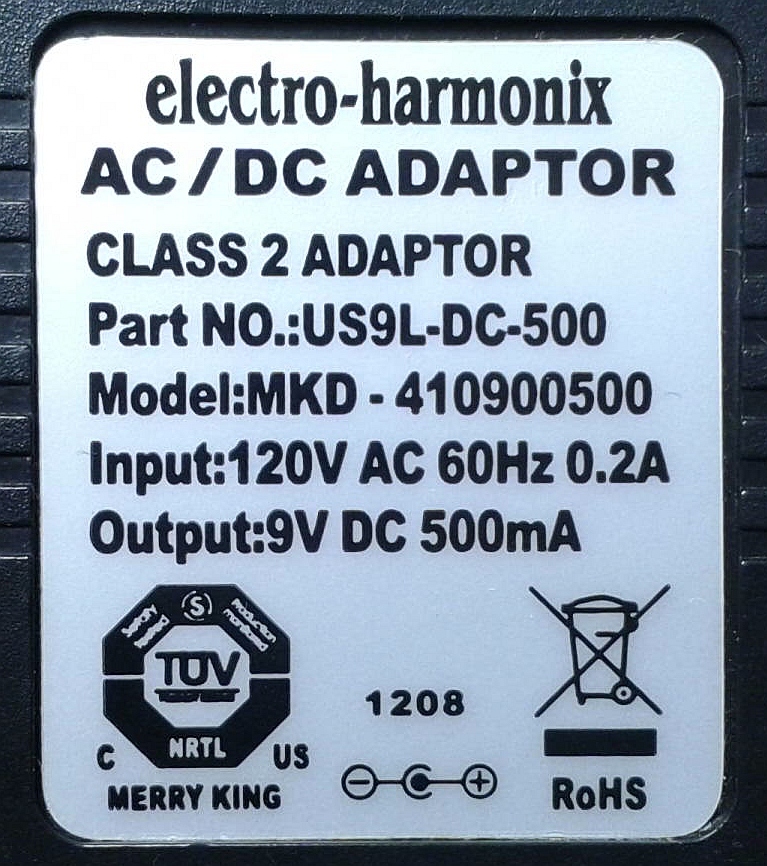 electro-harmonix ACアダプター US9L-DC-500 MKD-410900500 送料410円 DC9V 500mA プラグ直径5.5mm 中古 エレクトロハーモニクス エレハモ_画像2