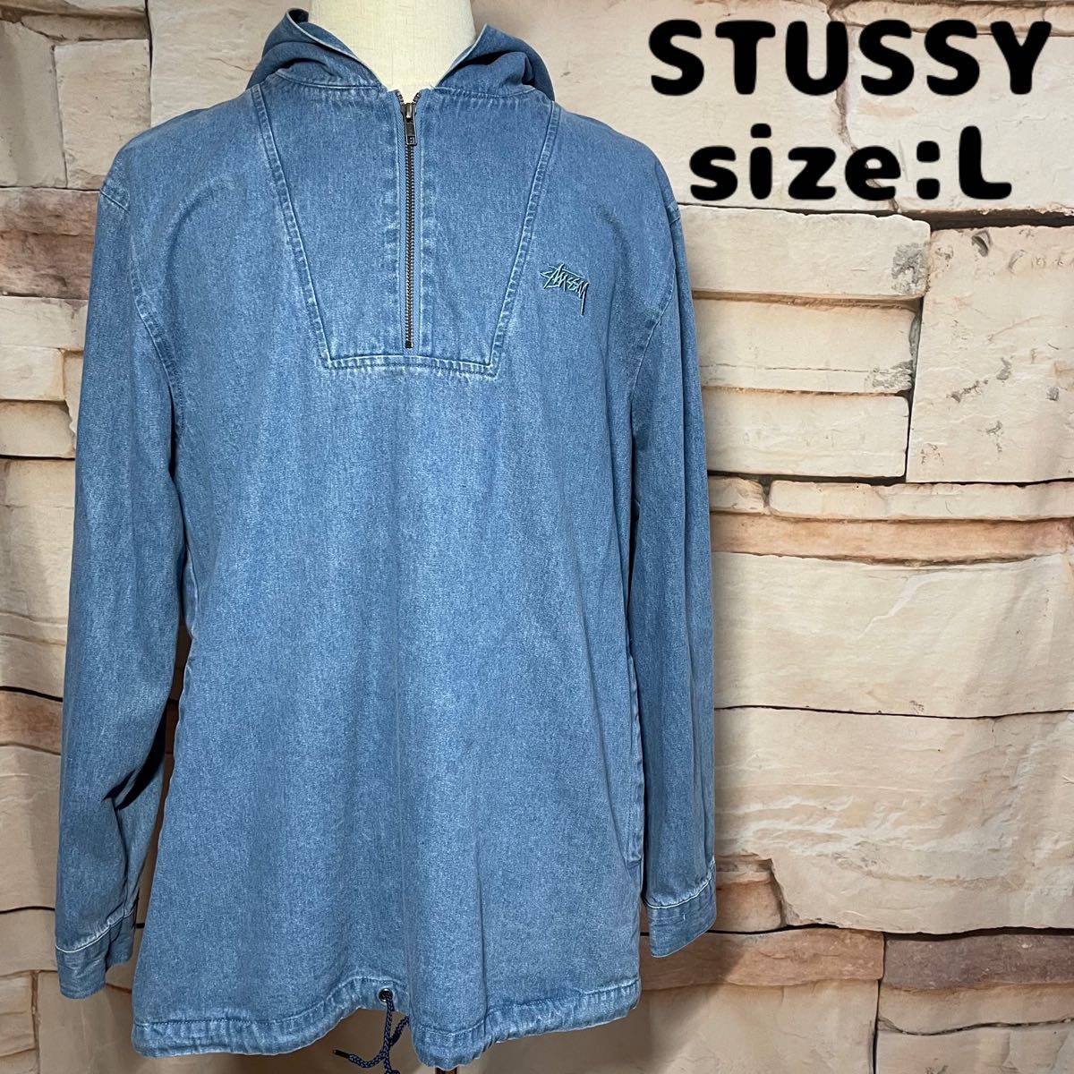 【希少品】ステューシー デニムパーカー フーディー ジャケット ハーフジップ STUSSY プルオーバーパーカー 