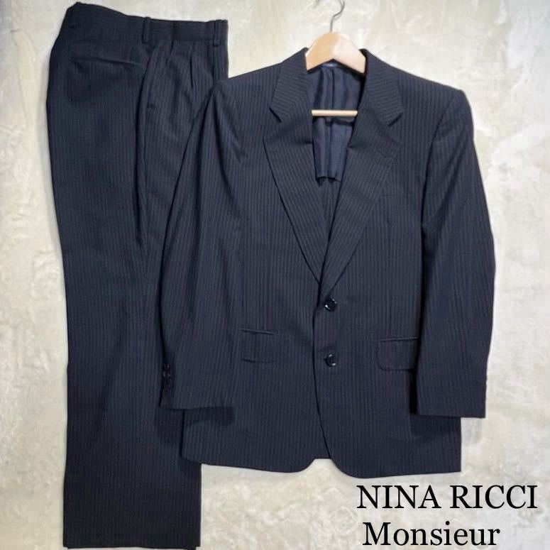 日本製　NINA RICCI Monsieur 2つボタン スーツ 90 A4(M程)背抜き　ネイビーストライプ ツータック 春夏　卒業入学　ビジネス_画像1