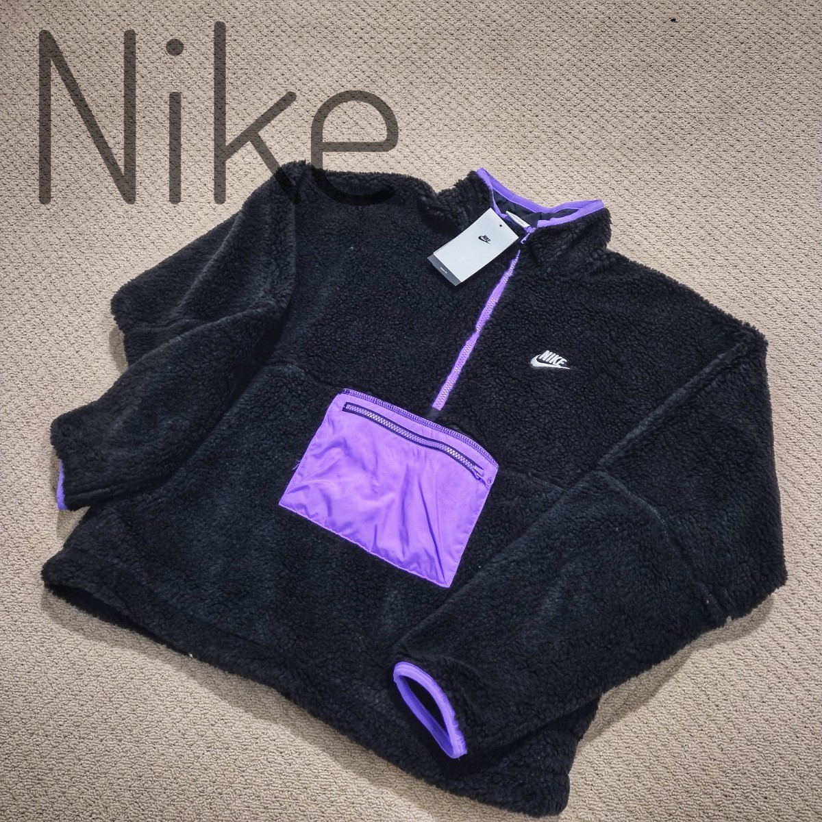 新品 XL NIKE 定価15,950円 ナイキ フリース ボア ゆるめ アノラック プルオーバー 防寒 ジャケット ブルゾン 黒 ブラック ルーズフィット