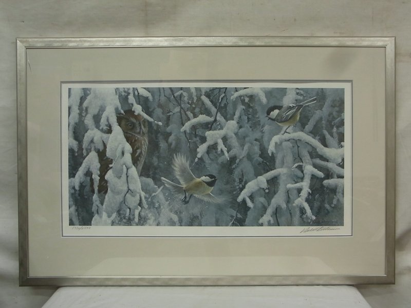 E0345 ロバート・ベイトマン 肉筆サイン Robert Bateman 「The Scolding - Chickadees and Screech Owl」 工芸画 額装 1736/2500_画像1