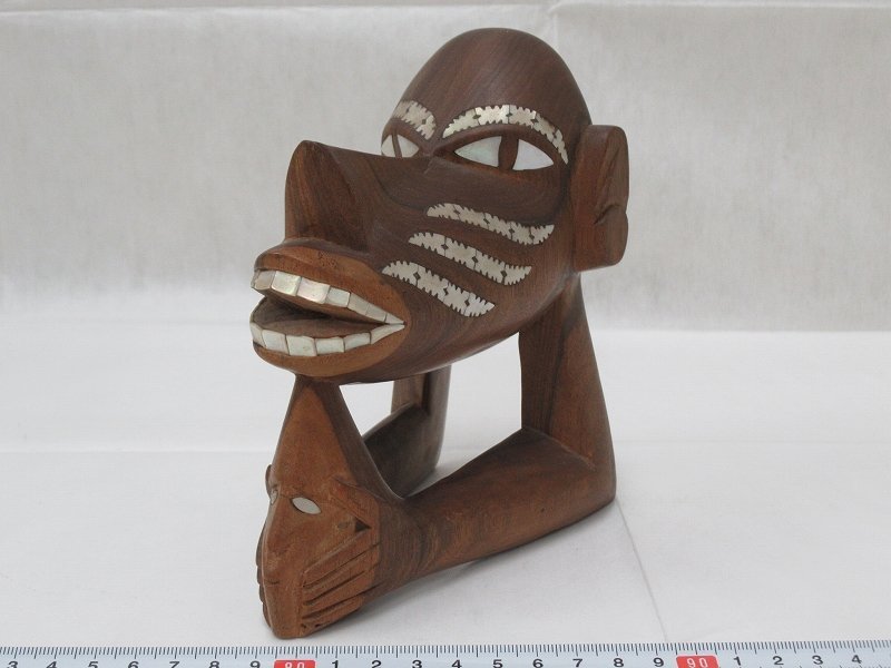 P0340 木彫 螺鈿細工 アフリカ 彫刻 オブジェ 置物 木工芸_画像1
