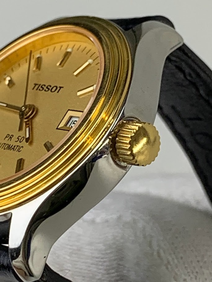 【1円出品】F0332 TISSOT ティソ PR50 J144/244K 自動巻き ゴールドカラー 革ベルト 腕時計 3針 デイト 現状稼働品_画像6