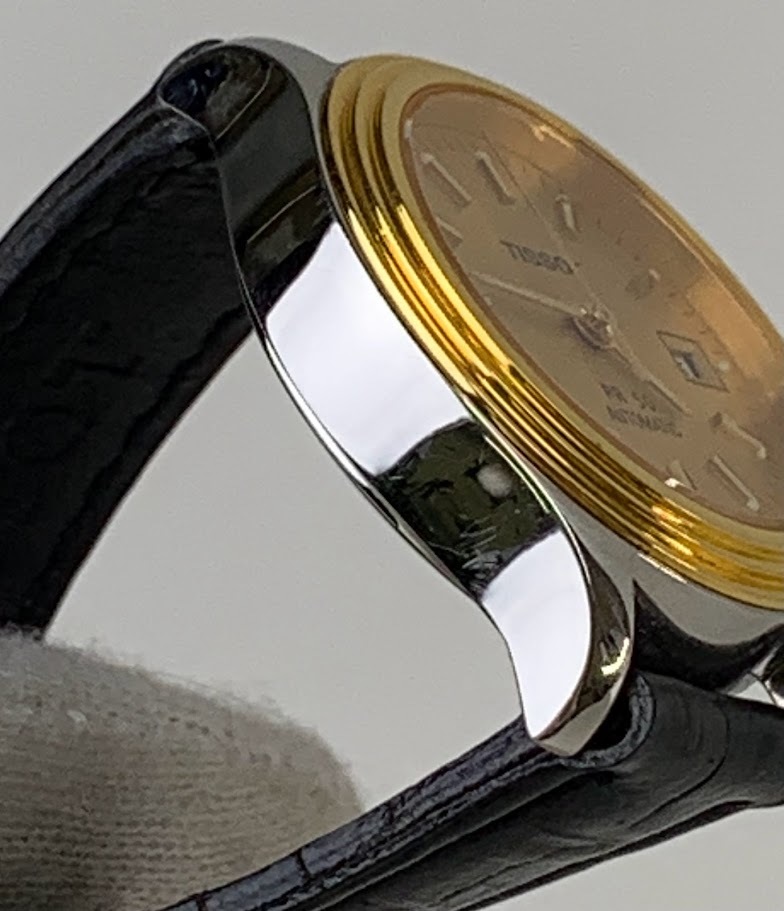 【1円出品】F0332 TISSOT ティソ PR50 J144/244K 自動巻き ゴールドカラー 革ベルト 腕時計 3針 デイト 現状稼働品_画像7