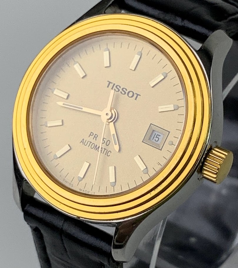 【1円出品】F0332 TISSOT ティソ PR50 J144/244K 自動巻き ゴールドカラー 革ベルト 腕時計 3針 デイト 現状稼働品_画像1