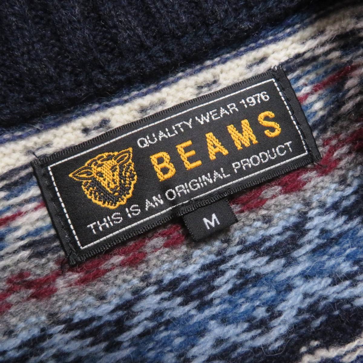 ★美品【クルミ釦 ウール100％！】BEAMS ビームス / ノルディック柄◎ショールカラーカーディガン M / ネイビーほか_画像5