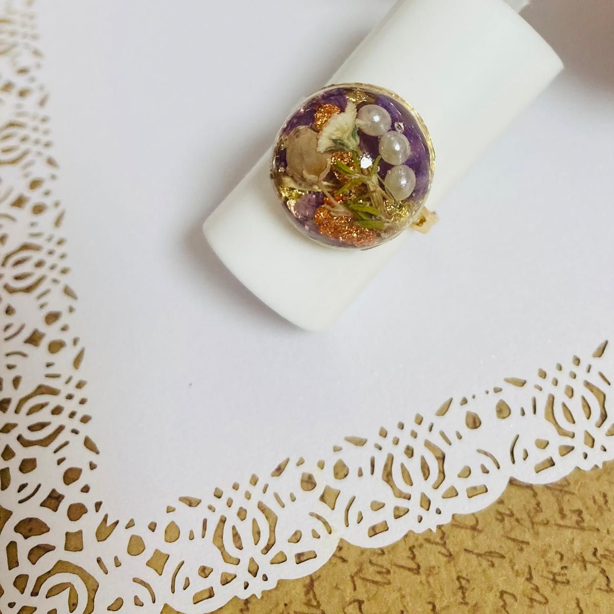 No.68 リング　かすみ草・スズランエリカ・スターチス(紫)・3連パール＋銅箔　ハンドメイド　指輪