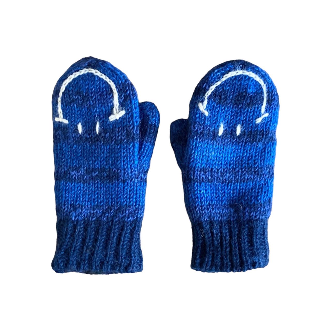 ①ミトン手袋 ニット 手編み グローブ 防寒対策 保温 スマイリー スマイル ニコちゃん ネイビー エスニック ネパール製