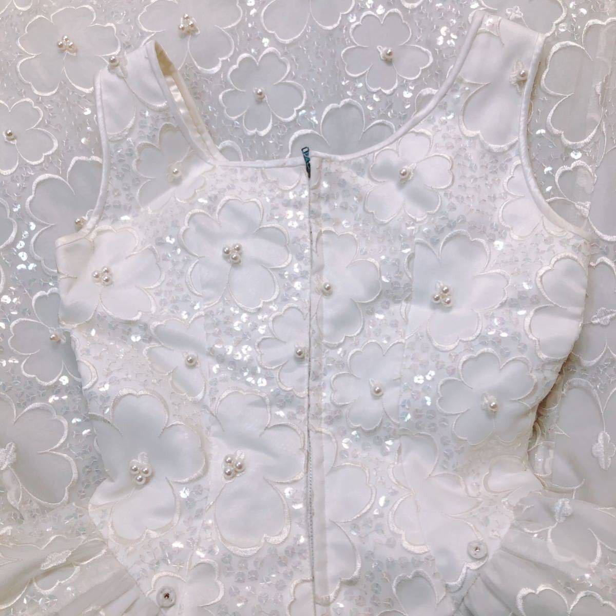 146【中古】COLOR DRESS ウェディングドレス カラードレス FV003 オフホワイト 9TT フラワーモチーフ 刺繍 パール 現状品_画像8