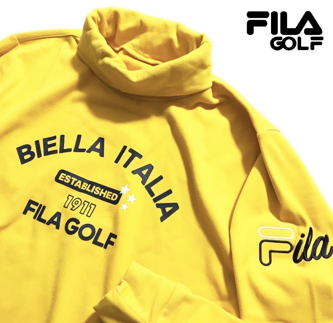 ◆443新品【メンズM】イエロー FILA GOLF フィラ ゴルフ フロントロゴ 起毛スムース 保温 長袖タートルネックシャツ 防寒 一枚で着用_画像1