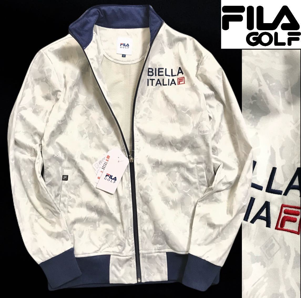 ◆528新品 【メンズL】白灰 迷彩 総柄 FILA GOLF フィラ ゴルフ ストレッチ 3層ボンディング ブルゾン フルジップ ジャケット 裏地フリース_画像1