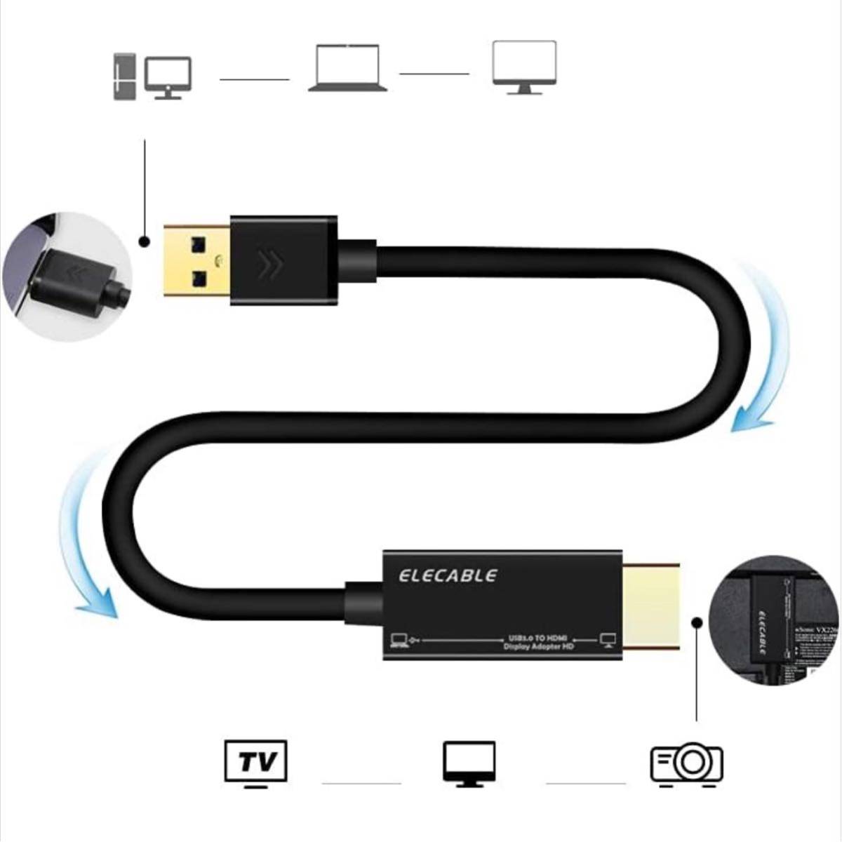 【開封のみ】ELECABLE★ USB - HDMI アダプターケーブル、macOS/Windows 11/10/8/7 用、USB 3.0 - HDMI オス HD 1080P (1.8M)の画像2