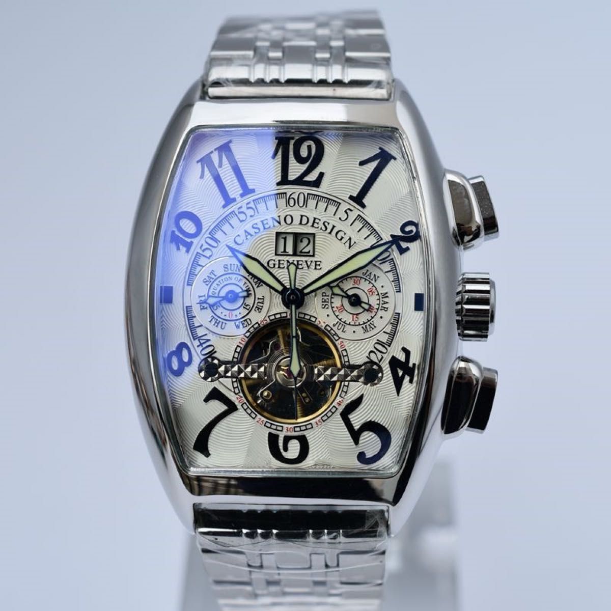 新品 CASENO メンズ機械式 自動巻 腕時計 ホワイトxシルバーベルト メーカー専用ボックス