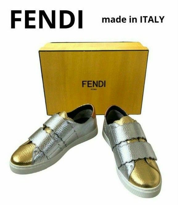 【新品未使用品・2箇所傷有】FENDI レザー メタルカラー ローカット ベルクロ スニーカー 37（24cm相当）