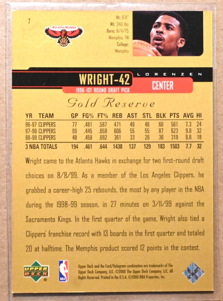 LORENZEN WRIGHT (ロレンゼン・ライト)1999-00 Gold Reserve トレーディングカード【NBA,アトランタホークス,HAWKS】_画像2